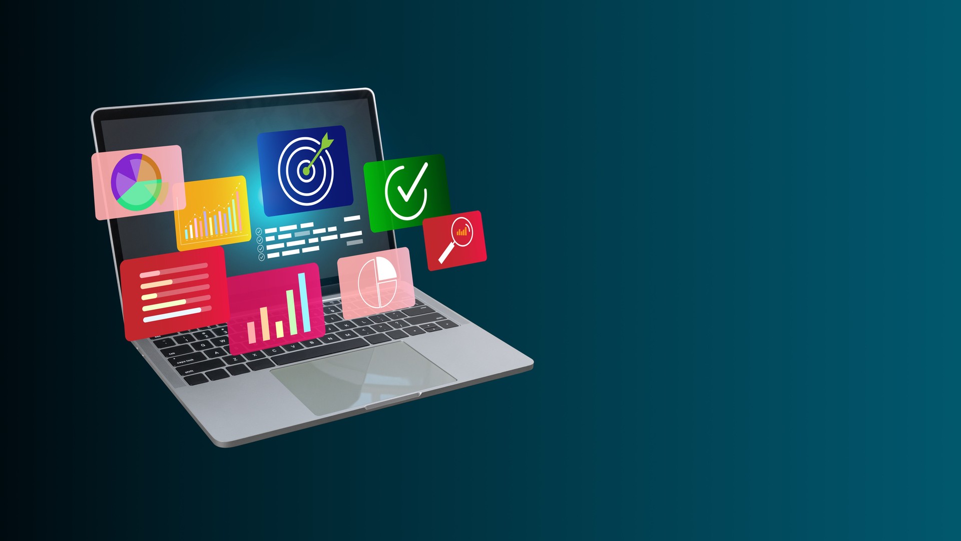 Data and management analysis system with KPIs and indicators connected to databases for finance; Laptop computer on dark background and dashboard for business chart; technology; operations; marketing